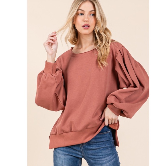 "The Sally" Terracotta Pleated Sleeve Sweatshirt - Picture 2 of 2